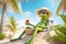 a frog tourist relaxing at beach vacation at a tropical resort, funny holiday concept, AI generative