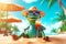 a frog tourist relaxing at beach vacation at a tropical resort, funny holiday concept, AI generative