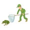 Frog trapping icon isometric vector. Man in uniform with landing net near frog