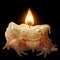 Frog wax candle burning on a dark background.