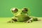 Frog wearing sunglasses on green background. Green cartoon frog with big eyes .