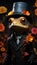 A frog wearing a top hat and a suit. Halloween character.