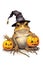 A frog wearing a witch hat and holding two pumpkins. Generative AI image.