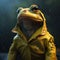 Frog wearing yellow rain coat at night