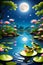 The frogs on the lily pad of a pond, with flower arounds, moonlight, night scene, reflection water, cartoon, disney  style