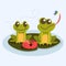 Frogs on lily pads. Two frogs are sitting on water lily. Flat vector illustration.