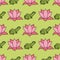 Frogs and lotus flowers in rows on bright green background seamless pattern vector repeat