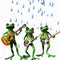 Frogs playing guitar under the rain
