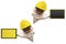 Frolic mechanic construction worker pug dog with constructor helmet, holding orange screwdriver and blank yellow and black sign bo