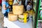 Frome, Somerset, UK, 14th September 2019 Frome Cheese Show 3 award-winning cheeses at the entrance to the Cheese hall
