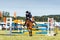 Frome, Somerset, UK, 14th September 2019 Frome Cheese Show Bay landing over showjumping fence