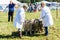 Frome , Somerset, UK, 14th September 2019 Frome Cheese Show A group of 3 Greyfaced Dartmoor sheep in the ring