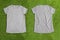 Front and back of grey melange empty T-shirt on grass background