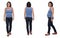 Front, back and side view of full portrait of a same pregnant woman walking and with casual clothes on white background