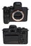 Front and back view of an isolated Japanese Full-frame mirrorless camera on a white background.