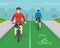 Front and back view of people cycling on bike path. Bicycle sign and bike rider.