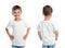 Front and back views of little boy in blank t-shirt