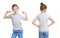 Front and back views of little girl in grey t-shirt