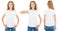 Front back views white woman in t shirt on white background,girl pointed on t-shirt