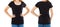 Front back views woman in stylish blank t-shirt isolated