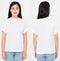 Front and back views of young asian japanese woman in stylish tshirt on white background. Mock up for design. Copy space. Tem