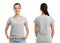 Front and back views of young woman in grey t-shirt