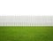 Front or back yard, white wooden fence on the grass isolated on