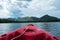 Front boat view. canoe boat floating alone on sea. sky,