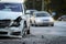 Front of a car get damaged by crash accident on the road