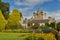 Front of Cawdor Castle with turret and drawbridge with bell and Stags Head Buckel Be Mindfull emblem. The castle has been known