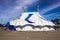 Front Of Colorful Blue And White Circus Tent