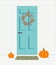 Front Door Autumn Decoration with Pumpkin. Haloween Outdoor Decoration