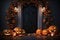 Front Door Decorated With Halloween Items And Pumpkins