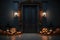 Front Door Decorated With Halloween Items And Pumpkins