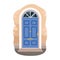 Front door of dwelling house. Home entrance exterior, facade. Arch doorway outdoors. Entry with threshold, gold knocker