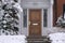 Front door with elegant wood grain, with snow