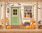 Front door and porch decorated for Halloween. Vector illustration.