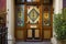 front door, with stained glass and brass handle, to majestic victorian house