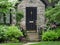 Front door of stone faced house