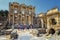 The front facade and courtyard of the Library of Celsus at Ephesus is an ancient Greek and Roman structure. Reconstructed by