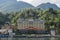 Front facade of grand luxurious hotel overlooking Lake Como