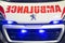 Front grill on Peugeot Commercial Ambulance vehicle with blue lights