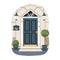 Front house door. Entrance, doorway exterior. Facade with entry, potted street plants, doorsteps, lanterns, mailbox