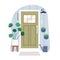 Front house door outside. Closed home entrance exterior with glass, potted plants, lamp. Cosy doorway facade from street