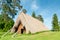 front of the hut Lojstahallen, Lojsta hall is a reconstructed Iron Age house near Lojsta on the Swedish island of Gotland. Europe