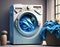 A front-load washing machine with blue laundry, showcasing household cleanliness