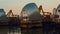 Front panning view of the Thames Barrier structure in London, England, UK during early evening