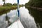 Front part of yacht swimming on lake.