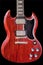 Front of Red Electric Mahogany Guitar, body, neck, curves, pickups, vintage strings