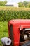 Front of red farm tractor